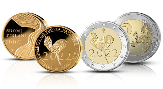 Suomalainen kultaraha sekä kahden euron erikoisraha Kansallisbaletin 100-vuotisjuhlan kunniaksi
