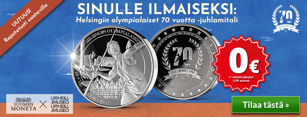 Tilaa ilmainen mitali ja juhli kanssamme Helsingin olympialaisten 70-vuotismerkkivuotta!