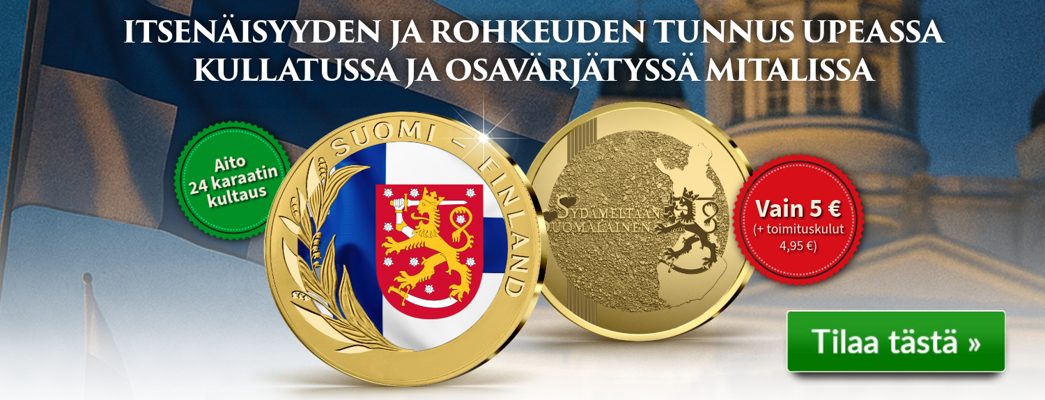 Suomen kansallissymboli vaakuna kullalla viimeistellyssä mitalissa