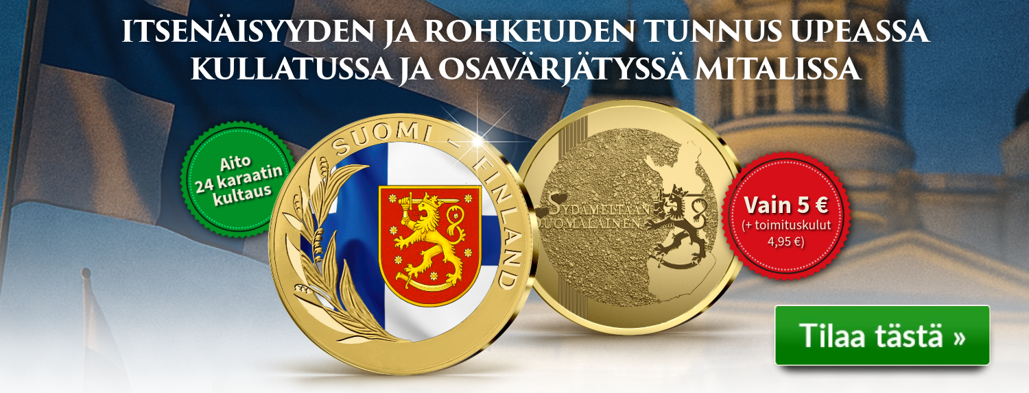 Suomen kansallissymboli vaakuna kullalla viimeistellyssä mitalissa