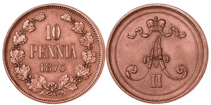 10 penniä autonomian ajalta vuodelta 1875