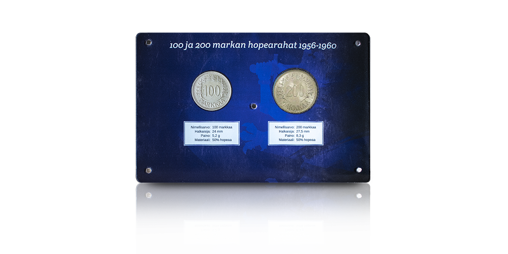 100 mk ja 200 mk hopearahat 1956-1958 sinisessä kehyksessä 100 mk ja 200 mk hopearahat 1956-1958 sinisessä kehyksessä