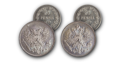 25 penniä kruunulla ja ilman 1917 