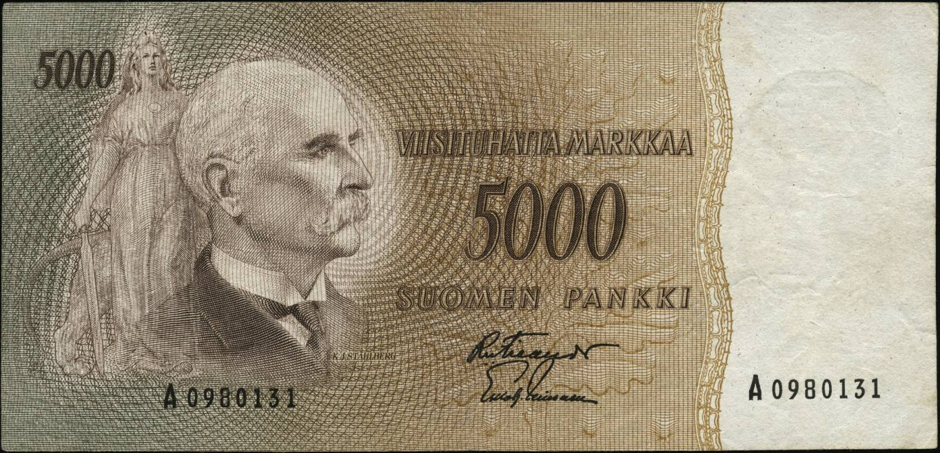5000 mk seteli vuodelta 1955, kuvassa presidentti Ståhlberg