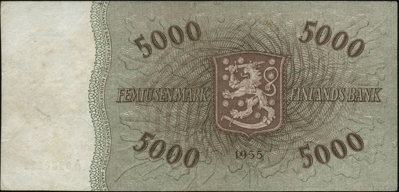 5000 mk seteli vuodelta 1955, takapuoli jossa Suomen vaakuna