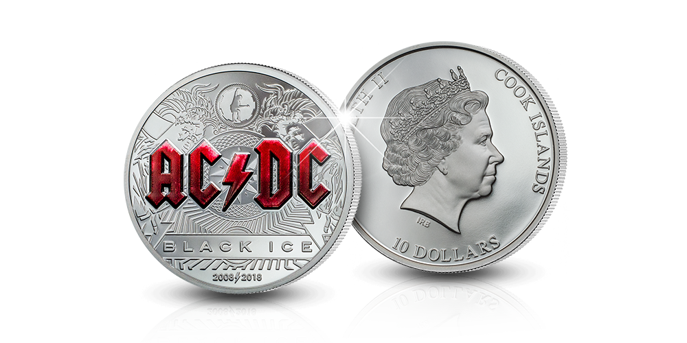 AC DC -hopearaha upealla punaisella väripainatuksella AC DC -hopearaha upealla punaisella väripainatuksella