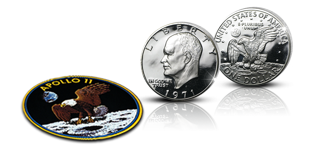 Eisenhower-juhlaraha ja Apollo 11-hihamerkki Eisenhower-juhlaraha ja Apollo 11-hihamerkki