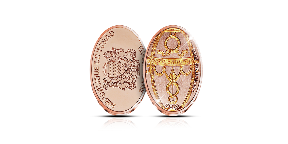 Näyttävä ruusukultauksella viimeistelty Fabergén pääsiäismunaa kunnioittava keräilyraha Näyttävä ruusukultauksella viimeistelty Fabergén pääsiäismunaa kunnioittava keräilyraha