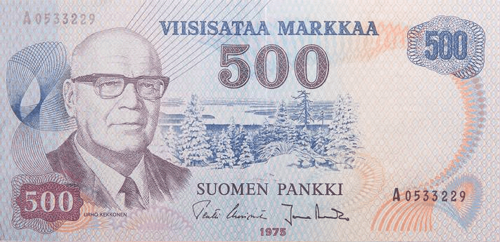Kekkonen 500mk seteli vuodelta 1975 etupuoli
