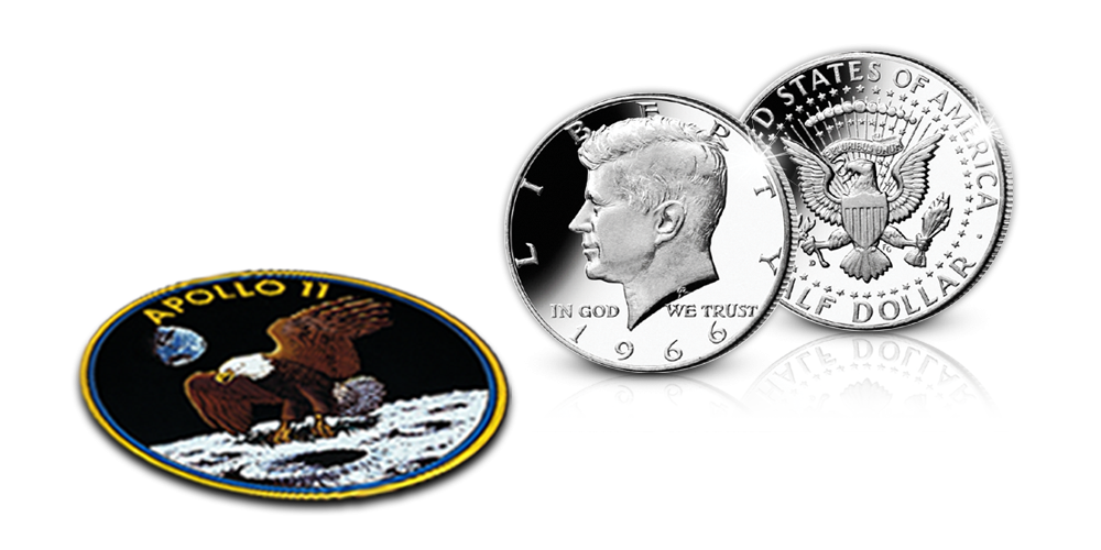 John F. Kennedy -hopeadollari ja Apollo 11 -kangasmerkki John F. Kennedy -hopeadollari ja Apollo 11 -kangasmerkki