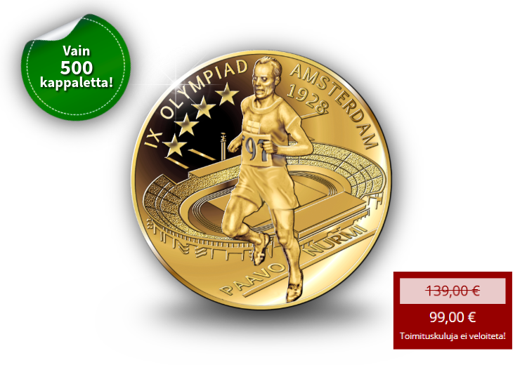 Paavo Nurmi viimeisiss&auml; olympialaisissaan -  Lent&auml;v&auml; suomalainen ikuistettuna 99,9 % kultarahaan