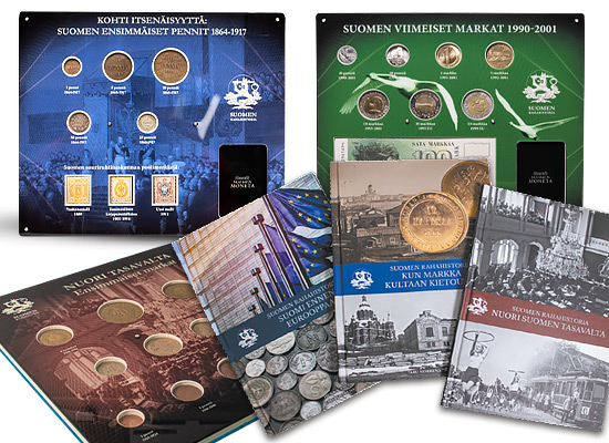 Saat kaikkiaan neljä rahakokonaisuutta, jotka esittelevät Suomen eri aikakausia yli 30 rahan avulla – mukana on myös kirjoja, mitali, postimerkkejä ja paljon muuta!