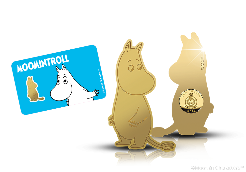 Muumipeikko muotoonleikatussa kultarahassa