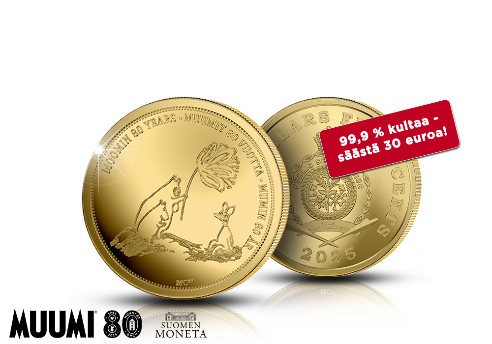 Iki-ihanat Muumi-hahmot ikuistettuna kultarahaan