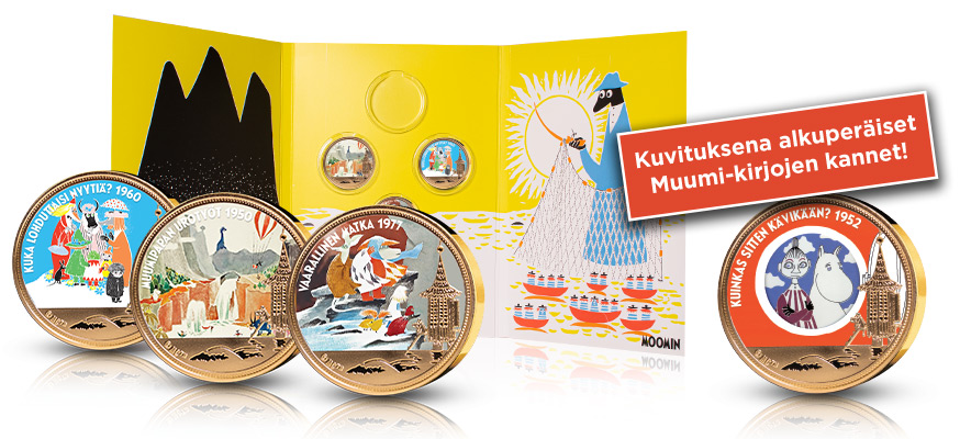 Muumit aikojen saatossa -kokoelman mitalit kuvaavat rakastettuja Muumi-kirjoja.
