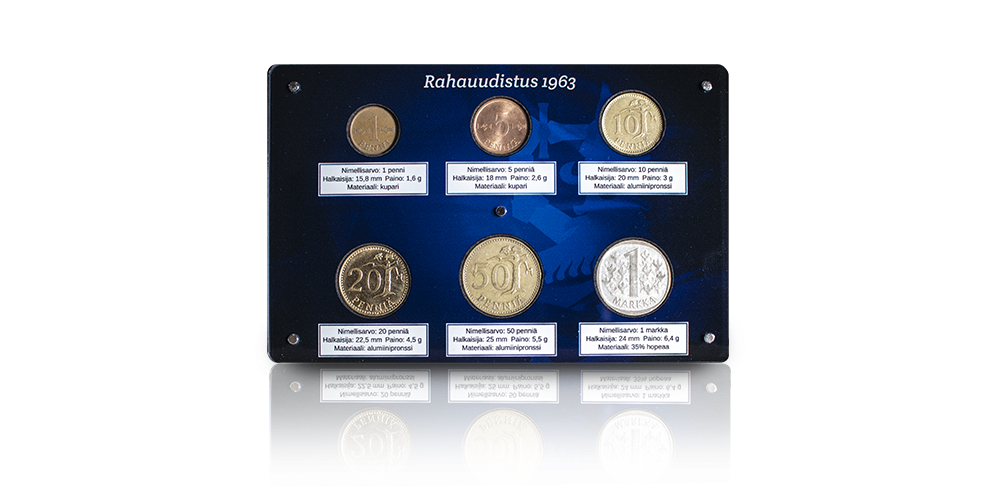 Rahauudistus 1963 rahat sinisessä keräilylevyssä Rahauudistus 1963 rahat sinisessä keräilylevyssä