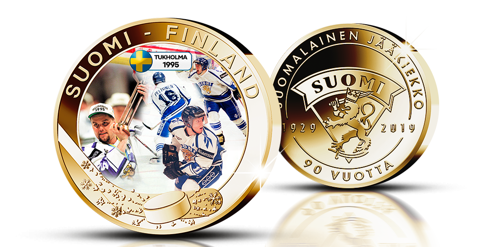Suomalainen jääkiekko 90 vuotta -kokoelman MM95-keräilymitali Suomalainen jääkiekko 90 vuotta -kokoelman MM95-keräilymitali