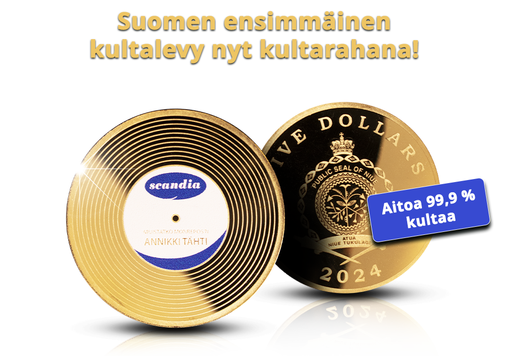 Suomen ensimmäinen kultalevy nyt kultarahana!
