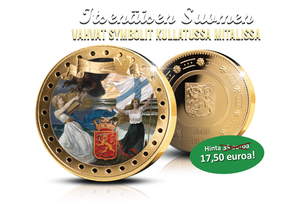 Suomi-neito, siniristilippu ja leijonavaakuna uutuusmitalissa