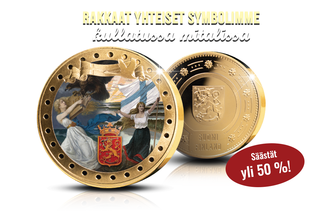 Suomi-neito, siniristilippu ja leijonavaakuna kullatussa mitalissa