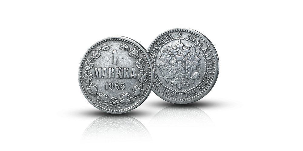 1 hopeamarkka vuodelta 1865 1 hopeamarkka vuodelta 1865