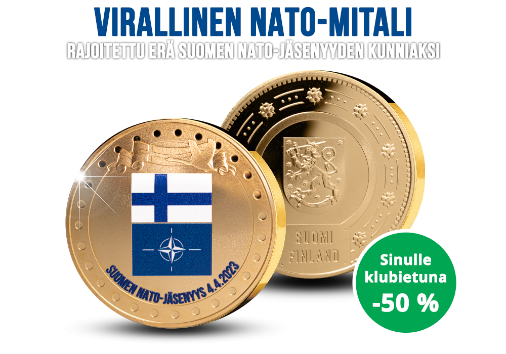 Suomen NATO-jäsenyys ikuistettuna kullattuun mitaliin