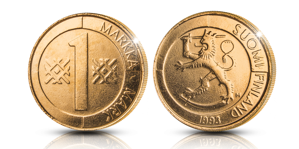 Suomen viimeinen 1mk raha kullattuna Suomen viimeinen 1mk raha kullattuna