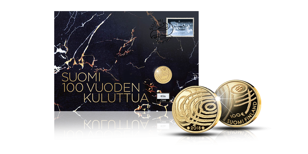 Suomi 100 vuoden kuluttua -kultaraha numeroidussa juhlarahakirjeessä Suomi 100 vuoden kuluttua -kultaraha numeroidussa juhlarahakirjeessä