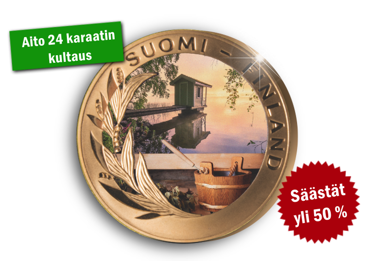 Väripainettu ja kullattu mitali: Sauna ja juhannus