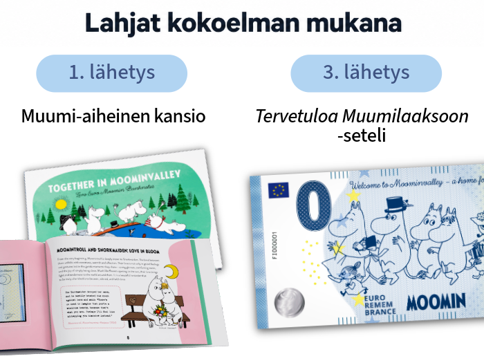 Lahjaksi kansio (1. lähetys) ja Tervetuloa Muumilaaksoon -seteli (3. lähetys)